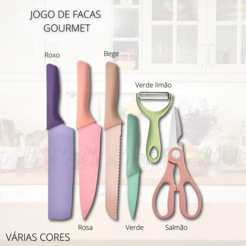 Conjunto Kit Facas Colorido em Aço Inoxidável com 6 Peças!