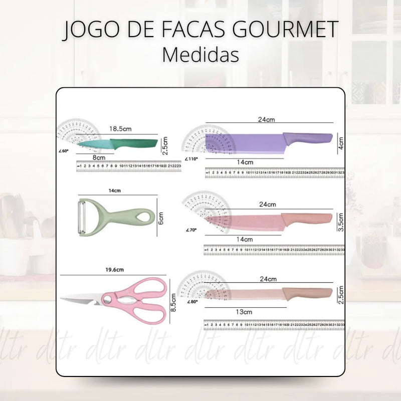 Conjunto Kit Facas Colorido em Aço Inoxidável com 6 Peças!