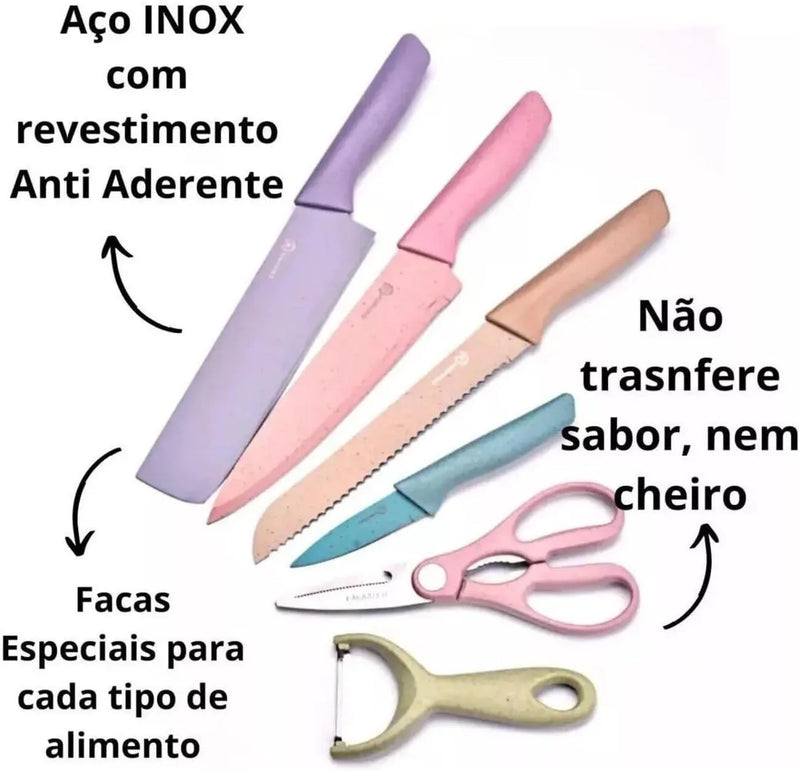 Conjunto Kit Facas Colorido em Aço Inoxidável com 6 Peças!